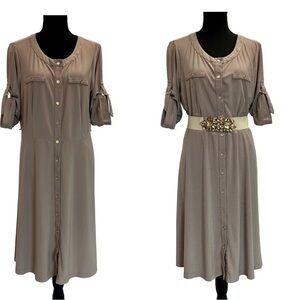 Jones New York tan brown button front tie front dress roll tab sleeve Sz 12